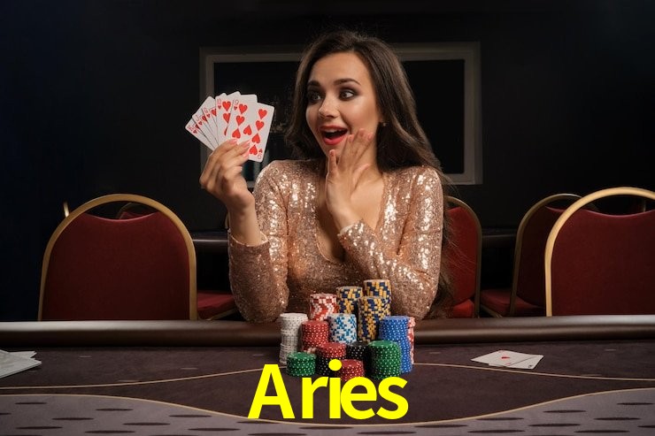 Una escena digital vívida inspirada en casino con Aries mostrado prominentemente, luces brillantes, fichas, cartas y acentos dorados.