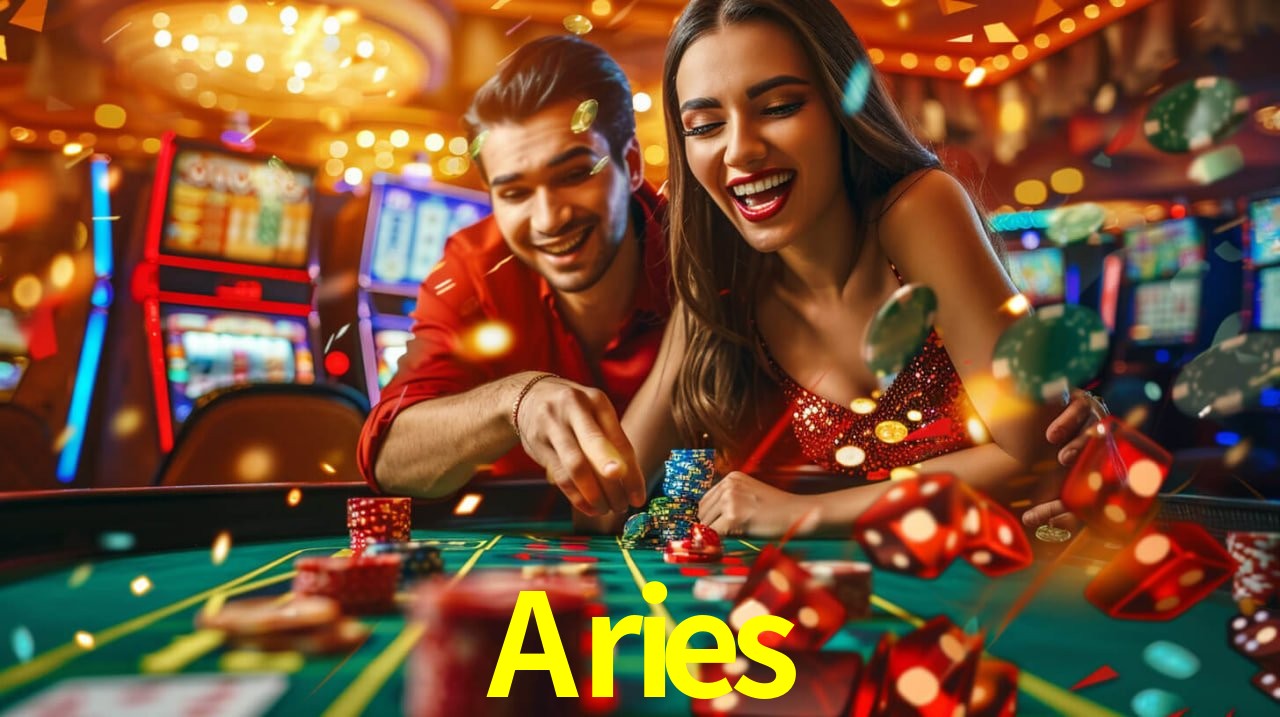 Escena dinámica inspirada en casino con iluminación Aries, cartas, fichas e íconos de juegos digitales en un espacio moderno de juegos.
